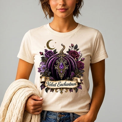 Velvet Enchantment Purple Pumpkin Jewel Roses Celestial Moon DTF Transfer | Ready to Press Gothic Halloween Graphic