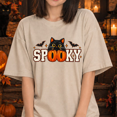 Spooky Peeking Black Cat Pumpkin Letters Flying Bats DTF Transfer | Ready to Press Halloween Graphic