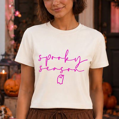 Hot Pink Spooky Season Little Bow Ghost Script DTF Transfer | Ready to Press Halloween Graphic