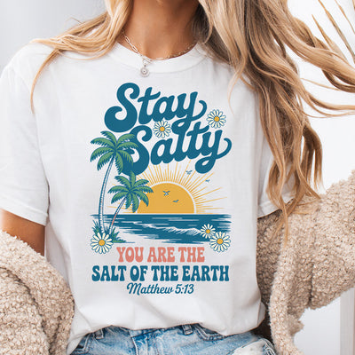 Stay Salty Matthew 5:13 Christian Beach DTF Transfer | Ready to Press Retro Sunset Design