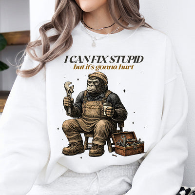 "I Can Fix Stupid" Gorilla Mechanic Ready to Press Sarcastic Designs