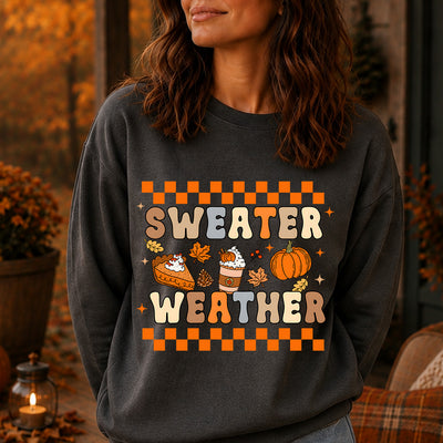 Sweater Weather Pumpkin Spice & Pie Retro Checkered DTF Transfer | Ready to Press Autumn Graphic