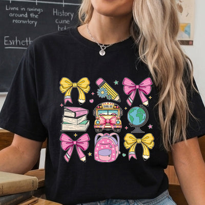 Teacher Coquette Pencil Bow School Bus DTF Transfer | Ready to Press Back to School Design