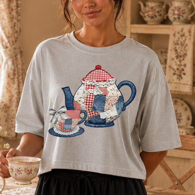 Cottage Core Tea Set Patchwork Gingham DTF Transfer | Ready to Press Vintage Graphic