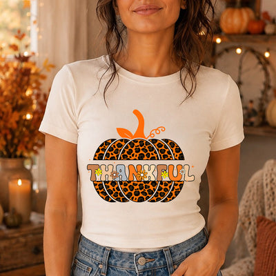 Thankful Leopard Print Split Pumpkin DTF Transfer | Ready to Press Fall Graphic