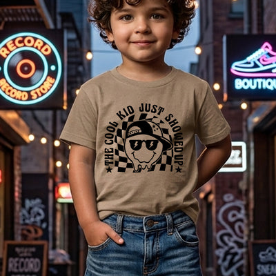 The Cool Kid Just Showed Up Melting Smiley Backwards Cap Checkered Flag DTF Transfer | Ready to Press Toddler & Youth Graphic