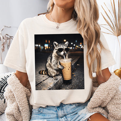 "Caffeinated & Unbothered" Raccoon DTF Transfer - Ready to Print