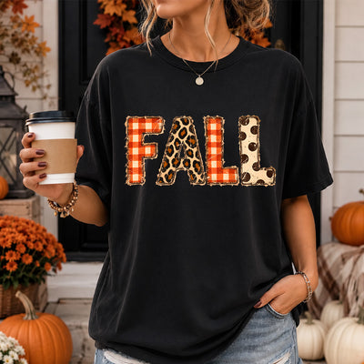 Vintage Fall Patchwork Plaid Leopard Polka Dot DTF Transfer | Ready to Press Autumn Graphic