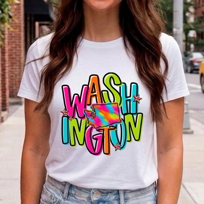 Washington Retro Neon State DTF Transfer | Ready to Press Colorful Graphic