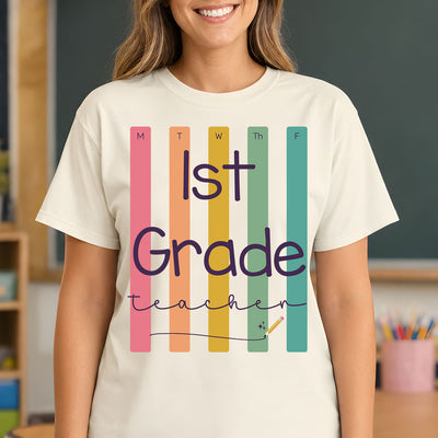 Back To School Teacher Collection – Retro Weekly Stripes DTF Transfers (Pre-K to 6th Grade, Admin & Staff)