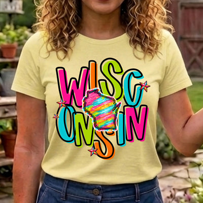 Wisconsin Retro Neon State DTF Transfer | Ready to Press Colorful Graphic