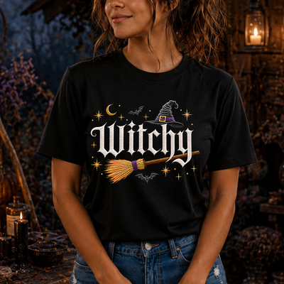 Witchy Broom Hat Celestial Moon Stars Gothic Typography DTF Transfer | Ready to Press Halloween Graphic