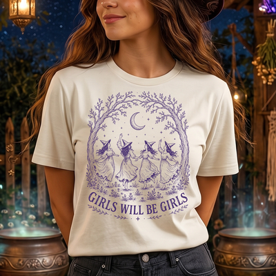 Girls Will Be Girls Witch Dancing Coven Vintage Green Line Art DTF Transfer | Ready to Press Halloween Graphic