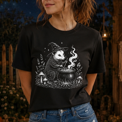 Witchy Opossum Cauldron Cottagecore Mushrooms Vintage Line Art DTF Transfer | Ready to Press Halloween Graphic