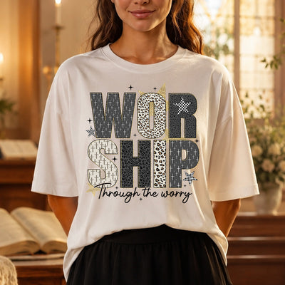 Worship Through The Worry Christian Leopard & Cross Pattern DTF Transfer | Ready to Press Faith Graphic