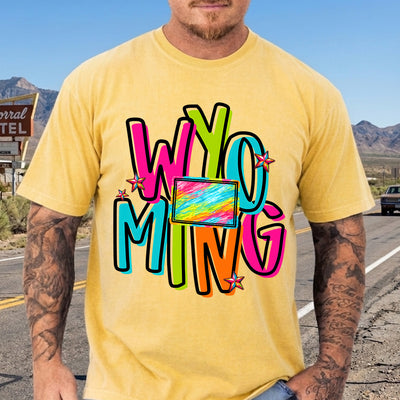 Wyoming Retro Neon State DTF Transfer | Ready to Press Colorful Graphic