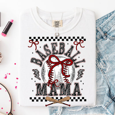 Baseball Mama Bow & Checkerboard DTF Transfer | Ready to Press Baseball Designs
