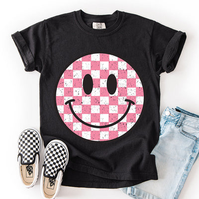 Retro Pink Checkered Smiley Face DTF Transfer - Ready to Press